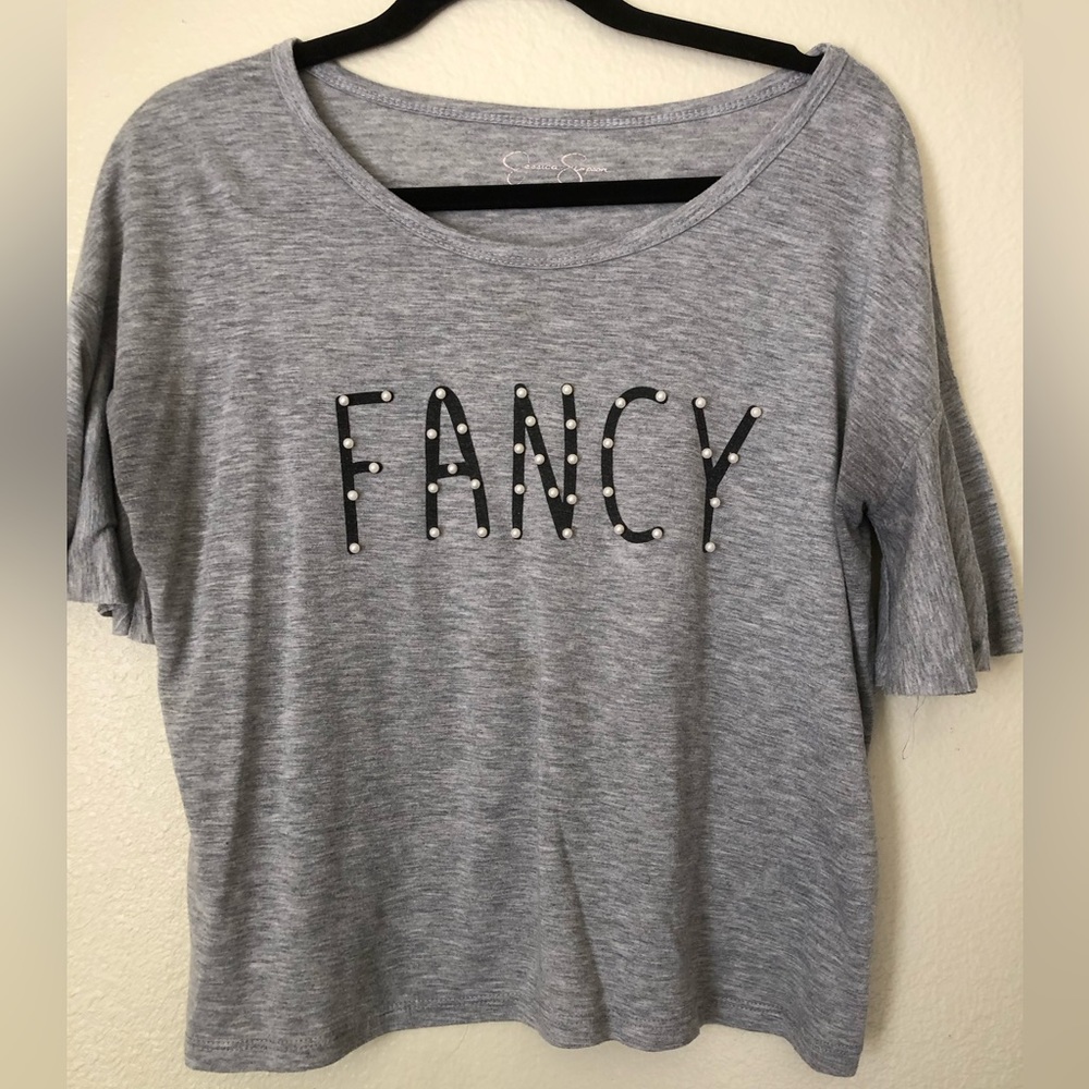 Gray cotton shirt, black FANCY lettering with pears, flare sleeves